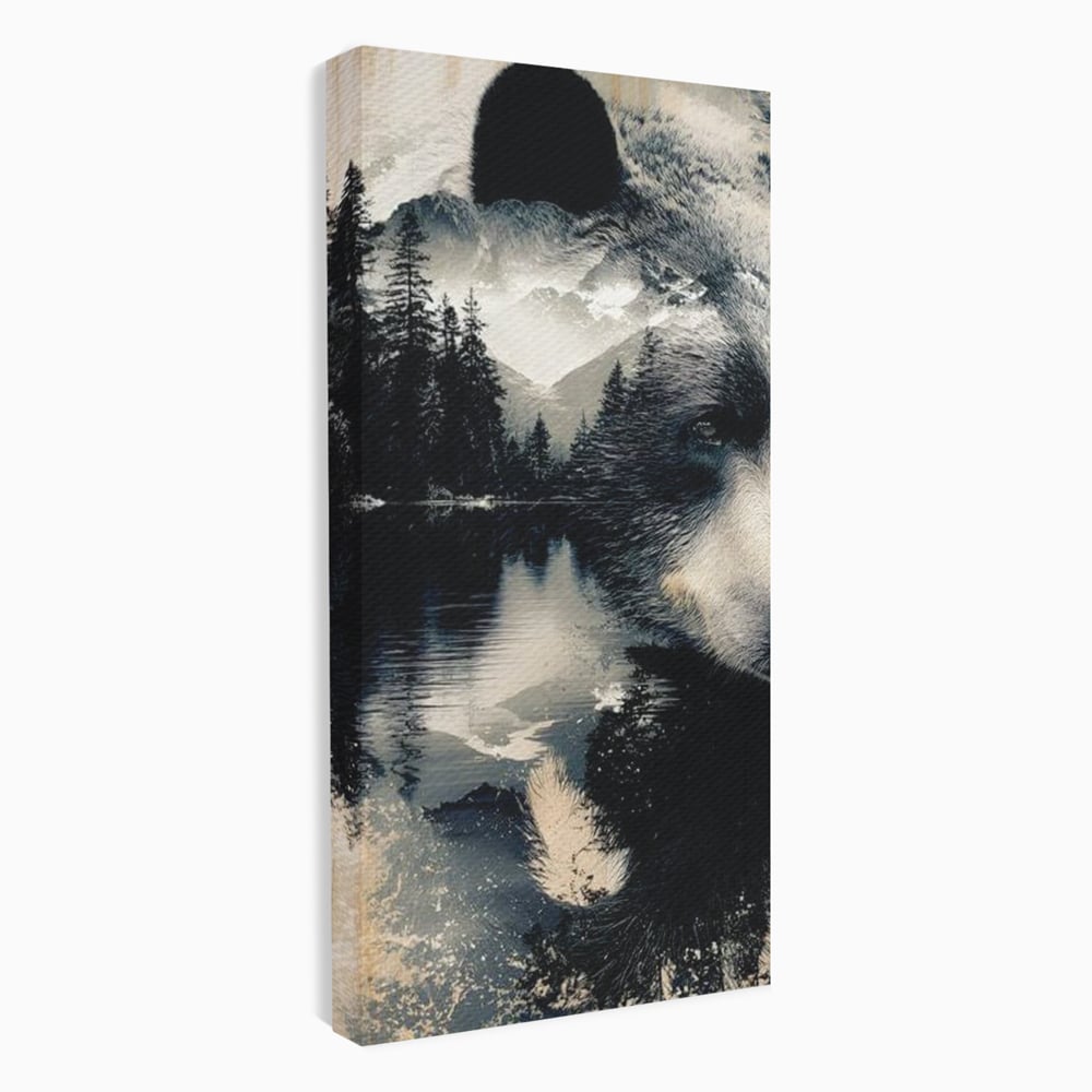 Tablou canvas cu tablou canvas cu urs si peisaj montan, fara rama, pe sasiu de lemn